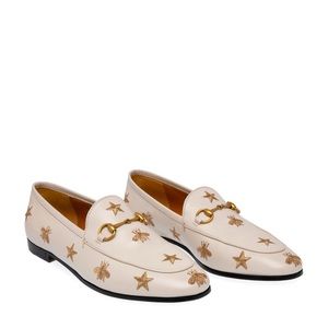 Gucci Jordaan Ivory and Gold Embroidered Loafers.
